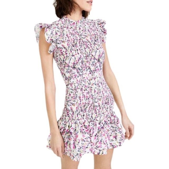 French Connection shirred smocked floral mini flounce dress- Size Large - Picture 1 of 6
